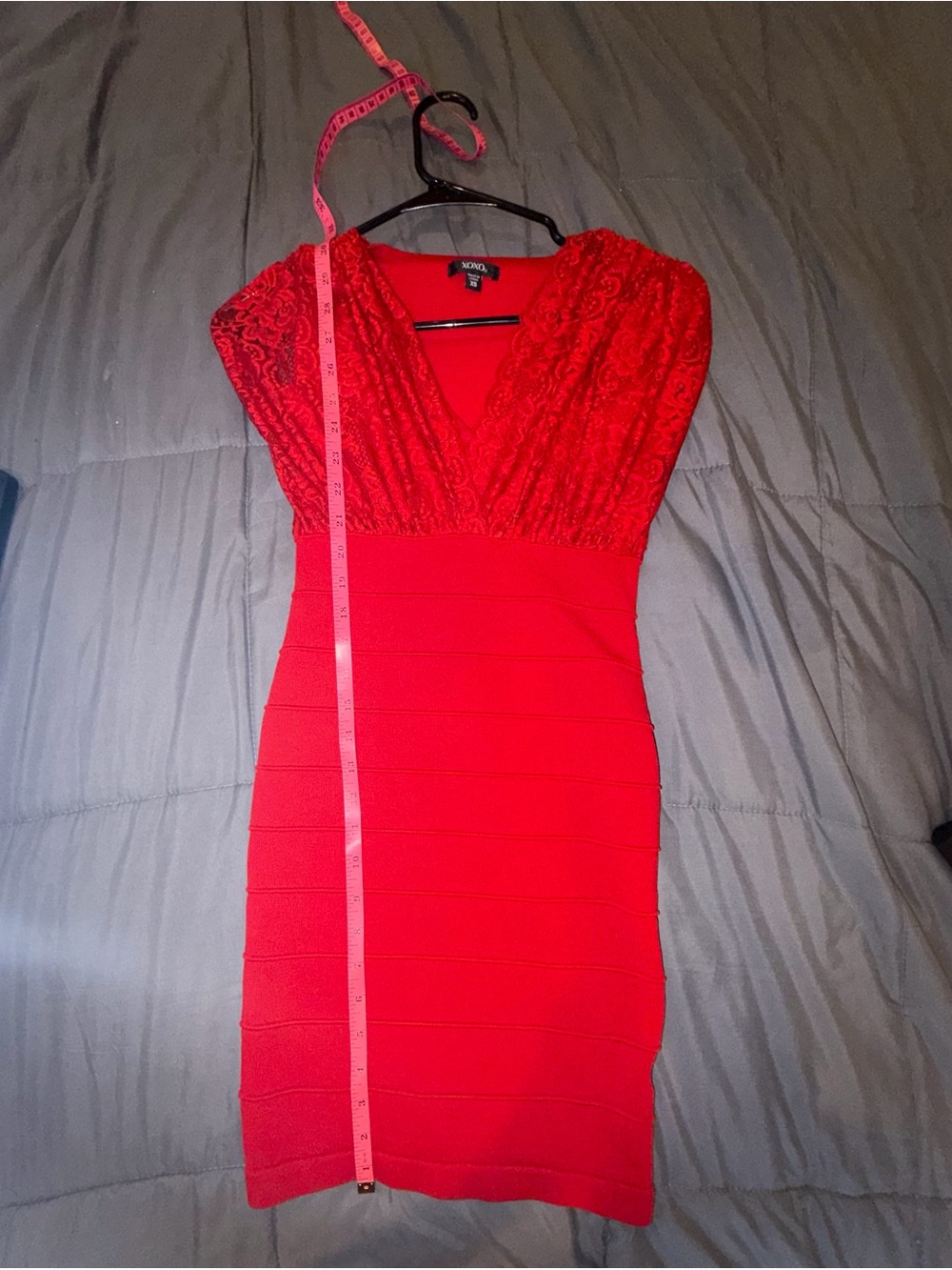 XOXO Red Lace Deep V Bodycon Bandage Dress XS - Picture 6 of 6